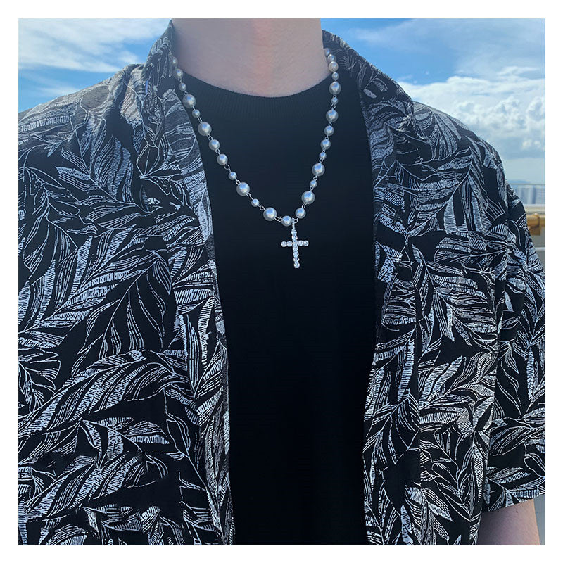 Diamond Cross Pendant Pearl Necklace