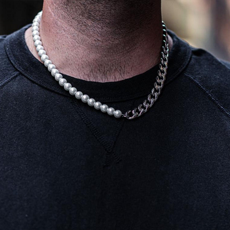 Faux Half Pearl And Half Chain Cuban Necklace