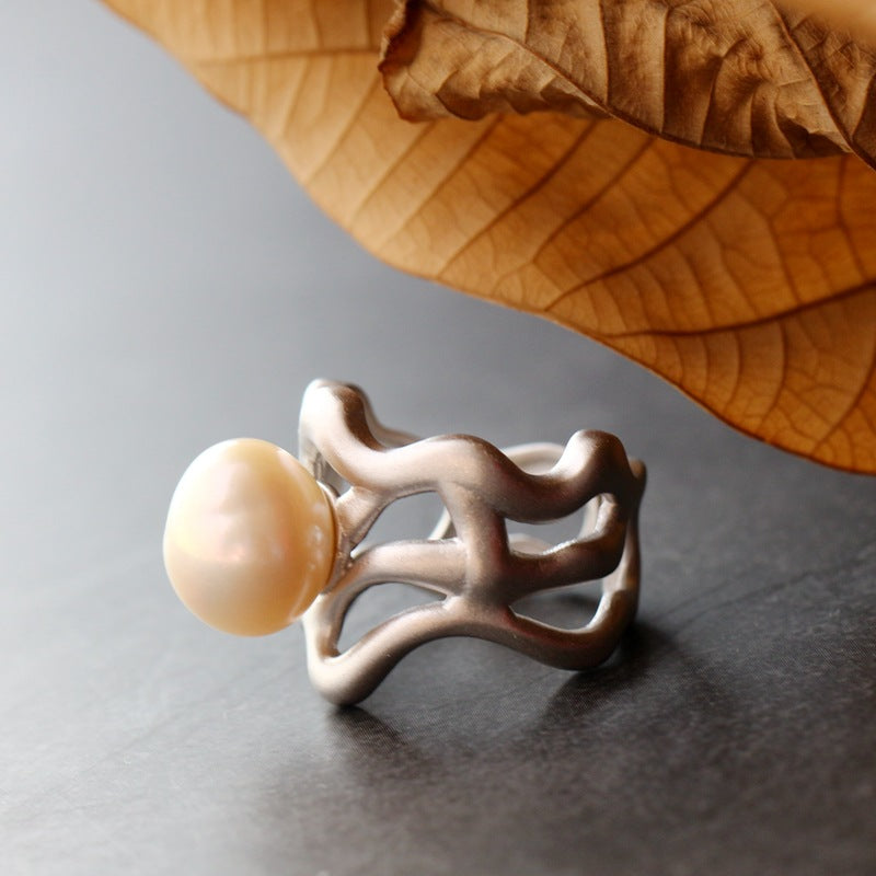 Inlaid Natural Sterling Silver Baroque Style Pearl Ring