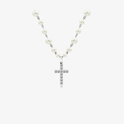 Diamond Cross Pendant Pearl Necklace