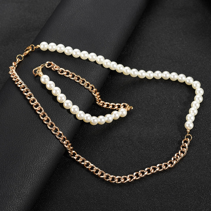 Cuban Chain and Pearl Beaded Necklace & Bracelet Crossover Set
